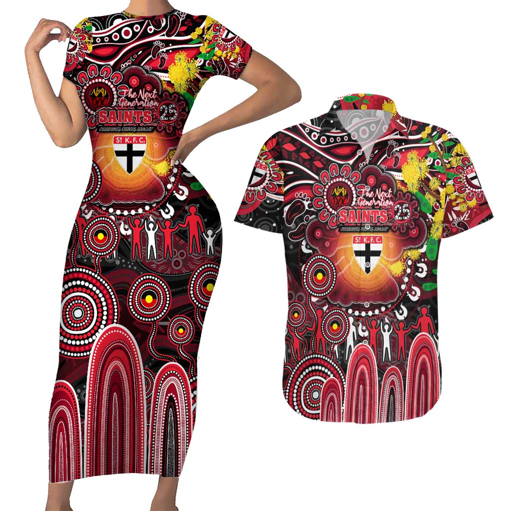 Personalised NAIDOC Week 2025 Saints Football Couples Matching Short Sleeve Bodycon Dress and Hawaiian Shirt Aboriginal Dot Painting