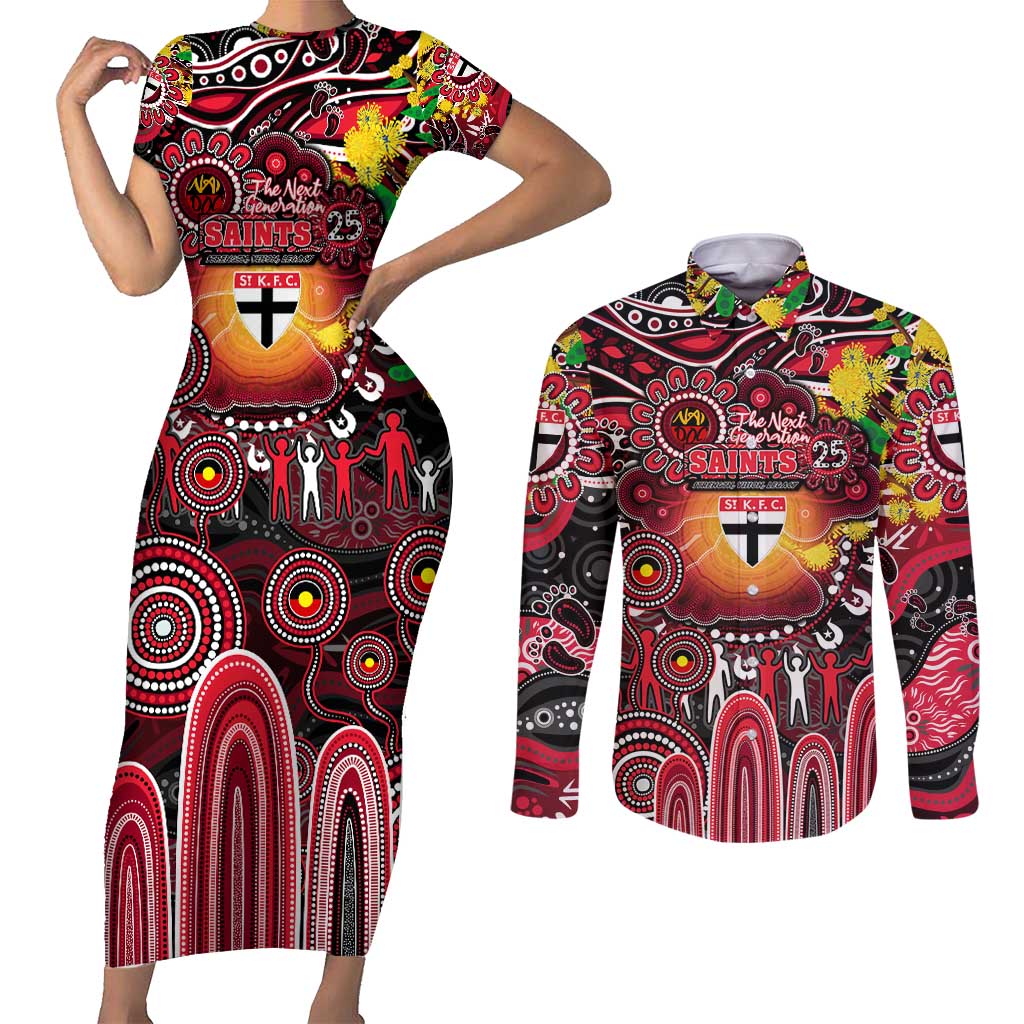 Personalised NAIDOC Week 2025 Saints Football Couples Matching Short Sleeve Bodycon Dress and Long Sleeve Button Shirt Aboriginal Dot Painting