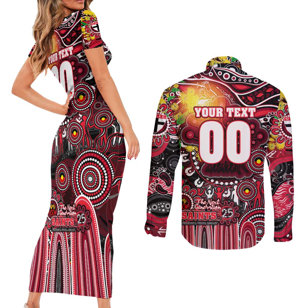 Personalised NAIDOC Week 2025 Saints Football Couples Matching Short Sleeve Bodycon Dress and Long Sleeve Button Shirt Aboriginal Dot Painting