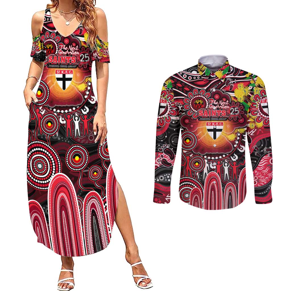 Personalised NAIDOC Week 2025 Saints Football Couples Matching Summer Maxi Dress and Long Sleeve Button Shirt Aboriginal Dot Painting