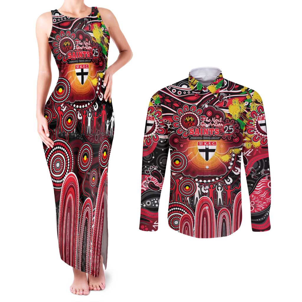 Personalised NAIDOC Week 2025 Saints Football Couples Matching Tank Maxi Dress and Long Sleeve Button Shirt Aboriginal Dot Painting