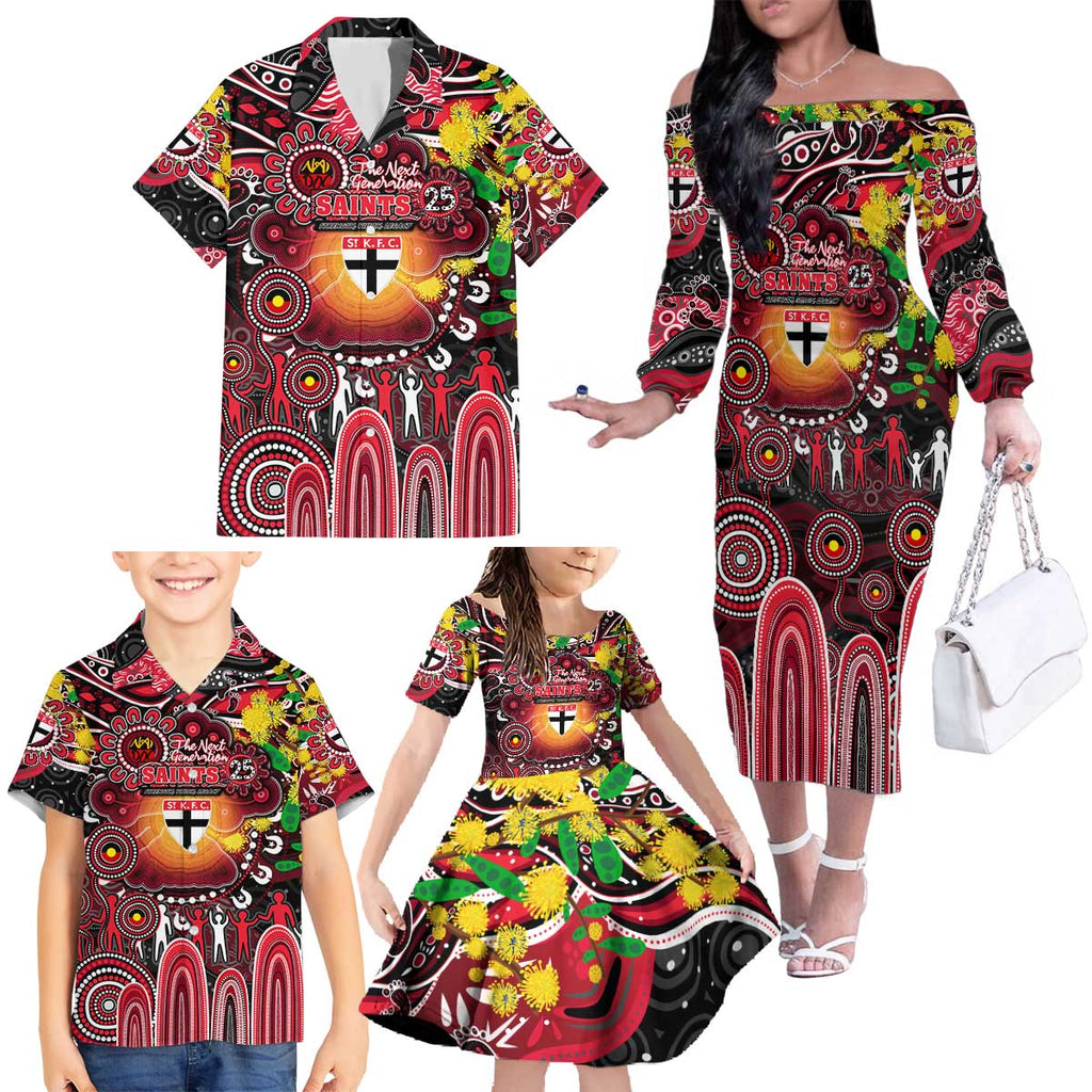 Personalised NAIDOC Week 2025 Saints Football Family Matching Off The Shoulder Long Sleeve Dress and Hawaiian Shirt Aboriginal Dot Painting
