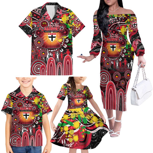 Personalised NAIDOC Week 2025 Saints Football Family Matching Off The Shoulder Long Sleeve Dress and Hawaiian Shirt Aboriginal Dot Painting