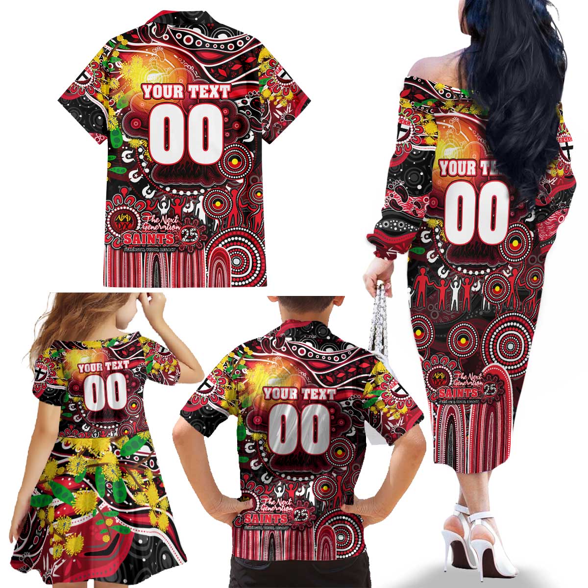 Personalised NAIDOC Week 2025 Saints Football Family Matching Off The Shoulder Long Sleeve Dress and Hawaiian Shirt Aboriginal Dot Painting