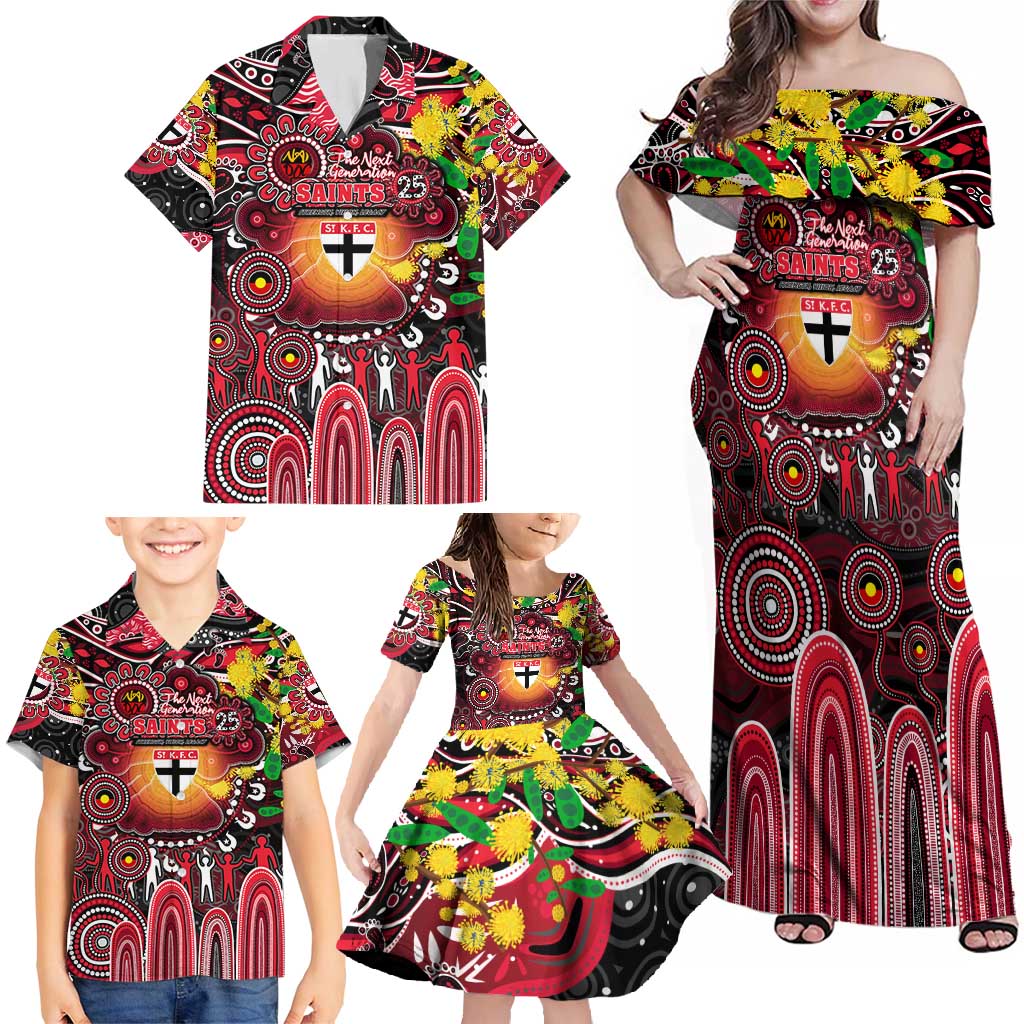 Personalised NAIDOC Week 2025 Saints Football Family Matching Off Shoulder Maxi Dress and Hawaiian Shirt Aboriginal Dot Painting