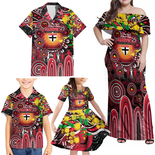Personalised NAIDOC Week 2025 Saints Football Family Matching Off Shoulder Maxi Dress and Hawaiian Shirt Aboriginal Dot Painting