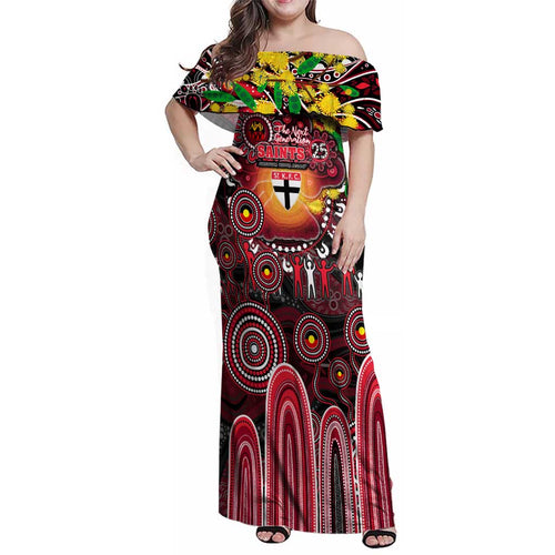 Personalised NAIDOC Week 2025 Saints Football Family Matching Off Shoulder Maxi Dress and Hawaiian Shirt Aboriginal Dot Painting