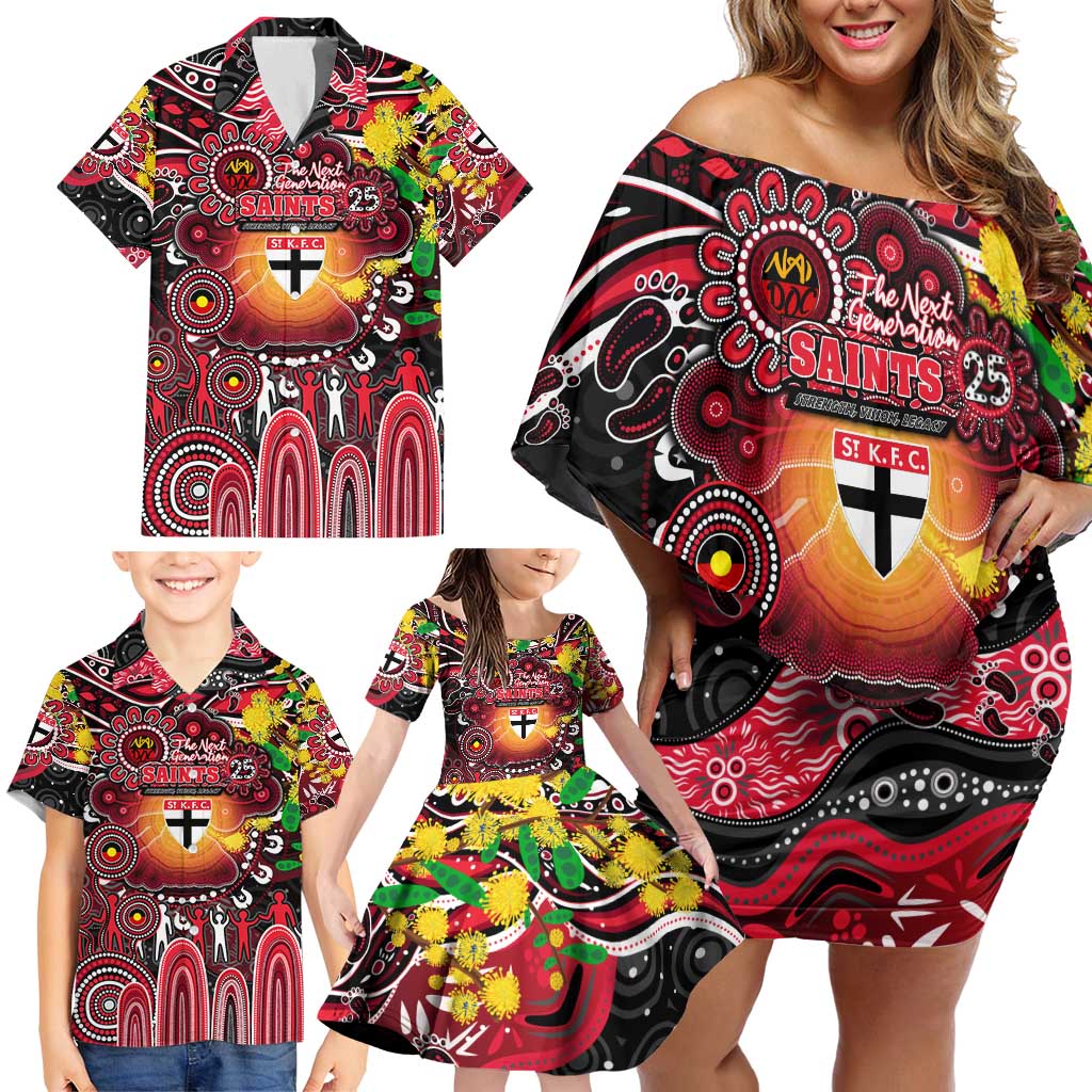 Personalised NAIDOC Week 2025 Saints Football Family Matching Off Shoulder Short Dress and Hawaiian Shirt Aboriginal Dot Painting