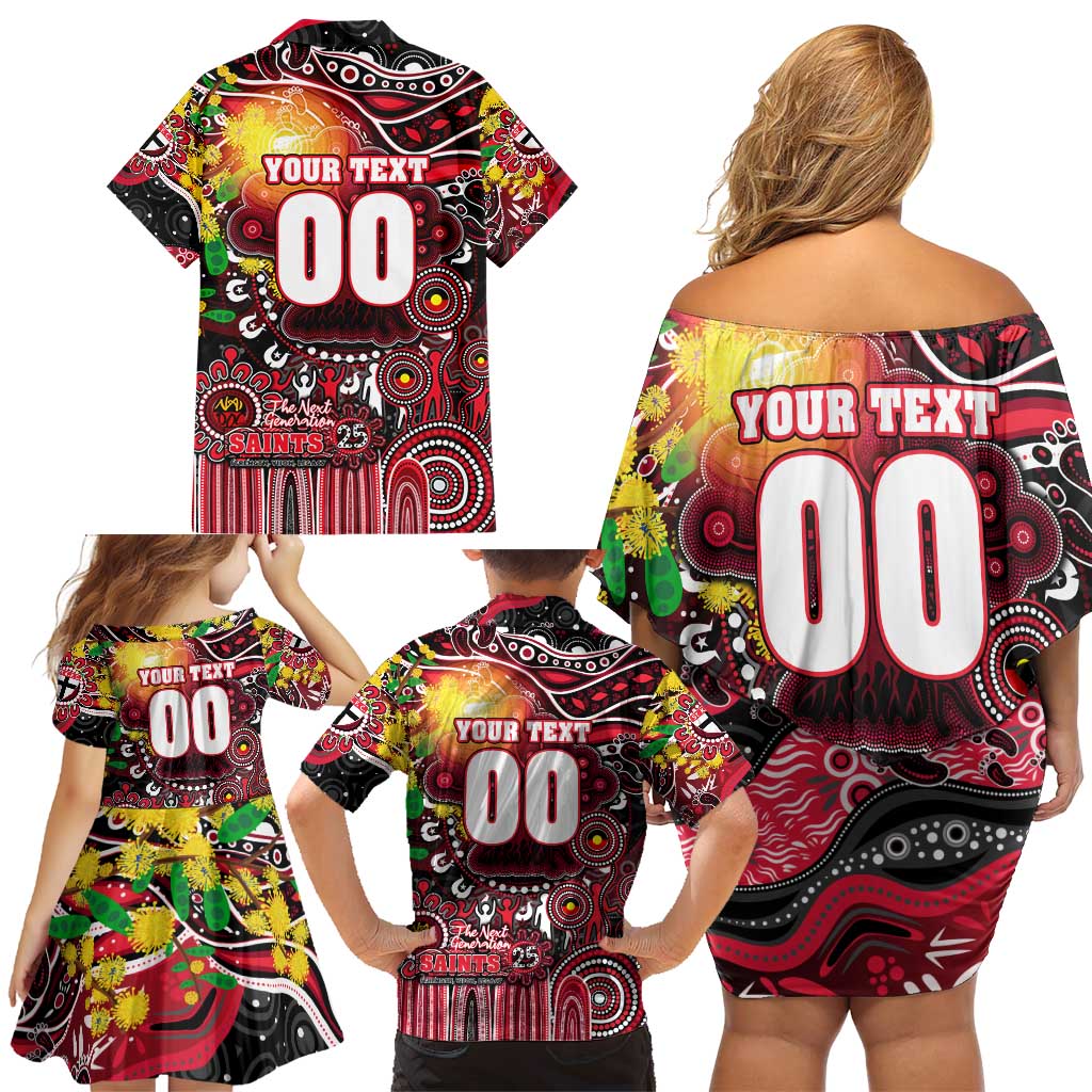 Personalised NAIDOC Week 2025 Saints Football Family Matching Off Shoulder Short Dress and Hawaiian Shirt Aboriginal Dot Painting