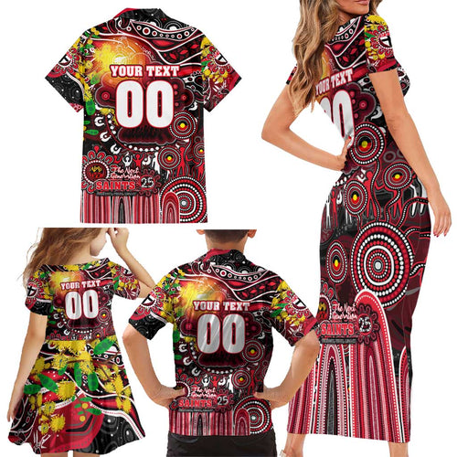 Personalised NAIDOC Week 2025 Saints Football Family Matching Short Sleeve Bodycon Dress and Hawaiian Shirt Aboriginal Dot Painting