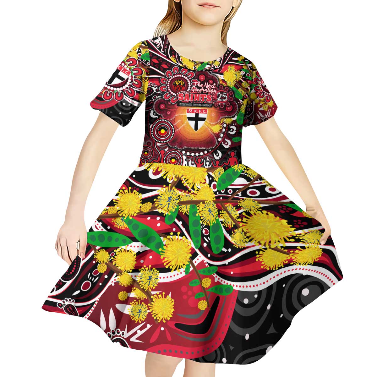 Personalised NAIDOC Week 2025 Saints Football Kid Short Sleeve Dress Aboriginal Dot Painting