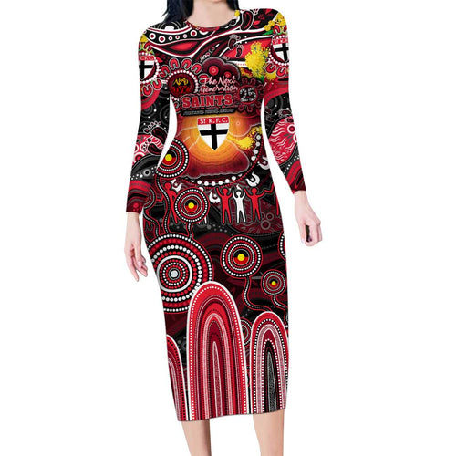 Personalised NAIDOC Week 2025 Saints Football Long Sleeve Bodycon Dress Aboriginal Dot Painting