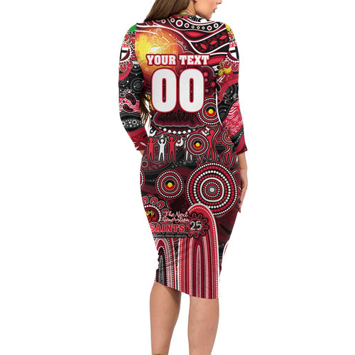 Personalised NAIDOC Week 2025 Saints Football Long Sleeve Bodycon Dress Aboriginal Dot Painting