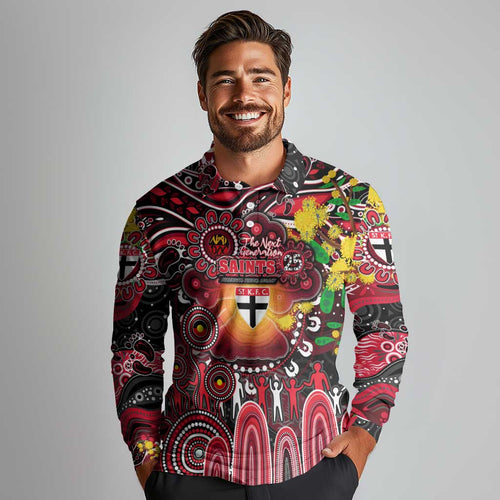 Personalised NAIDOC Week 2025 Saints Football Long Sleeve Polo Shirt Aboriginal Dot Painting