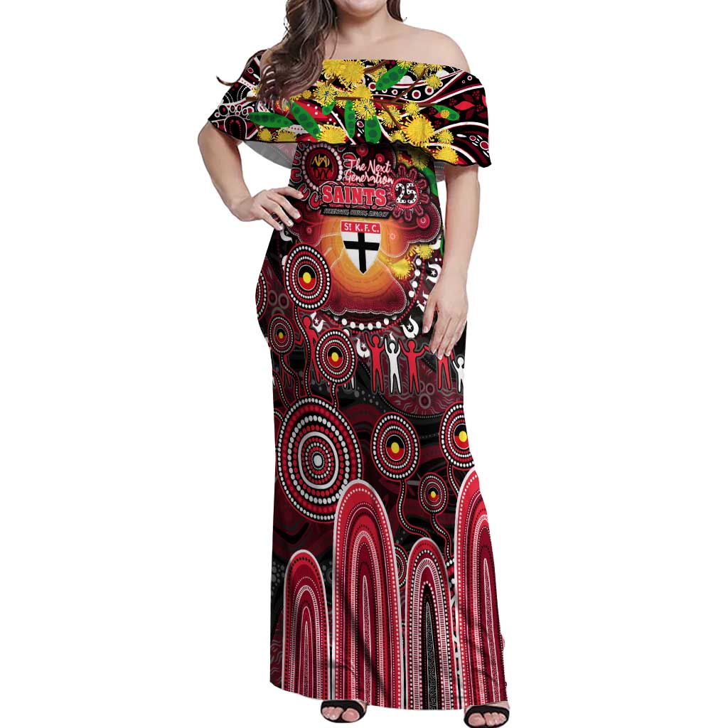 Personalised NAIDOC Week 2025 Saints Football Off Shoulder Maxi Dress Aboriginal Dot Painting