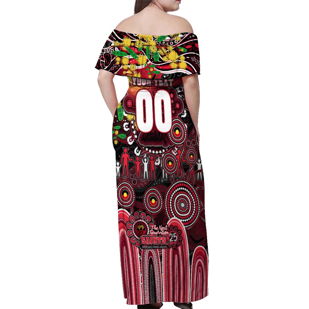 Personalised NAIDOC Week 2025 Saints Football Off Shoulder Maxi Dress Aboriginal Dot Painting