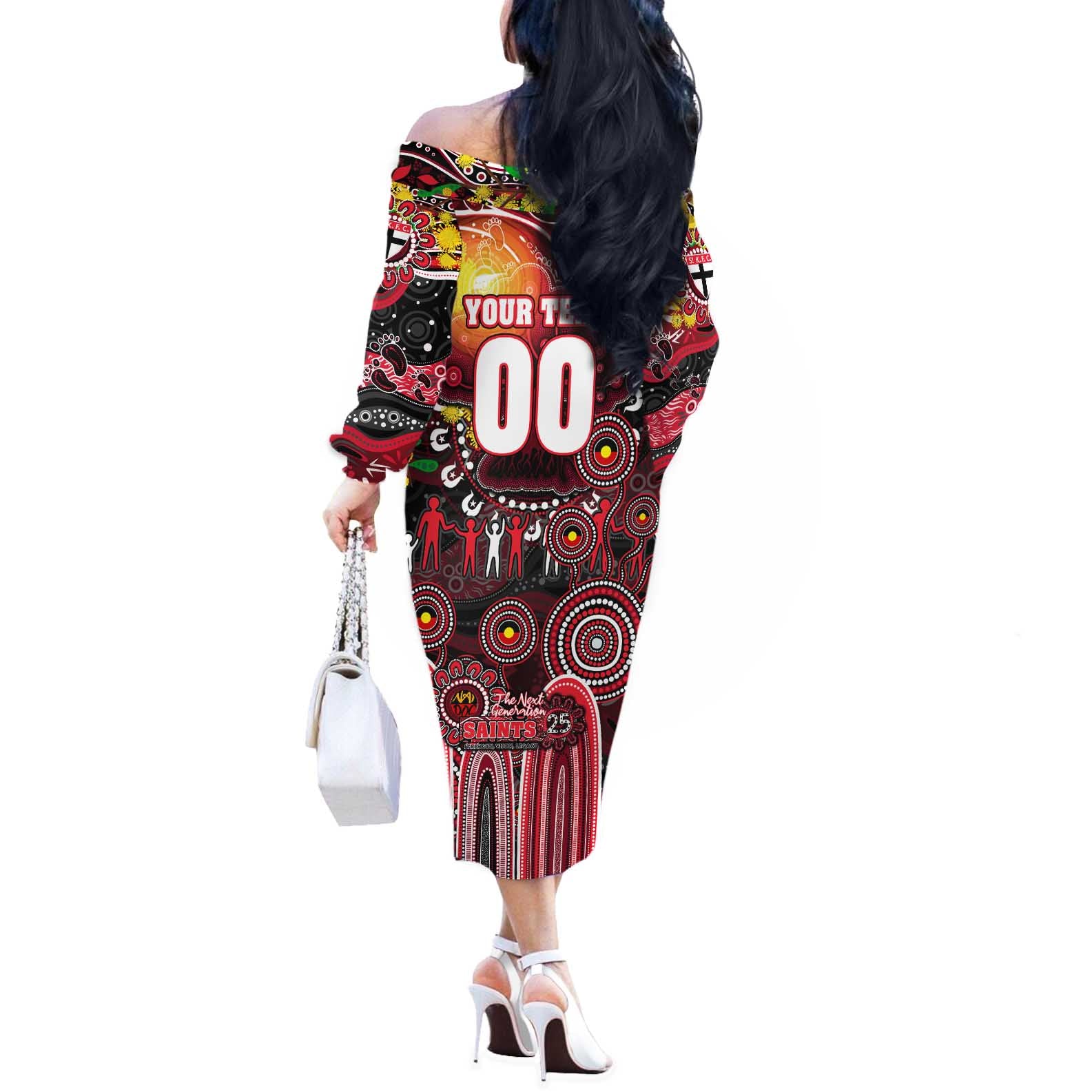 Personalised NAIDOC Week 2025 Saints Football Off The Shoulder Long Sleeve Dress Aboriginal Dot Painting