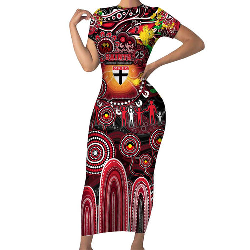 Personalised NAIDOC Week 2025 Saints Football Short Sleeve Bodycon Dress Aboriginal Dot Painting