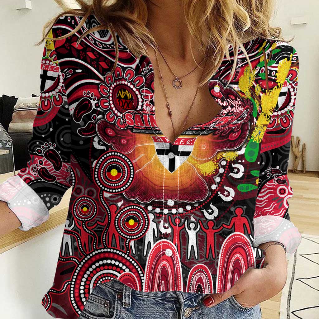 Personalised NAIDOC Week 2025 Saints Football Women Casual Shirt Aboriginal Dot Painting