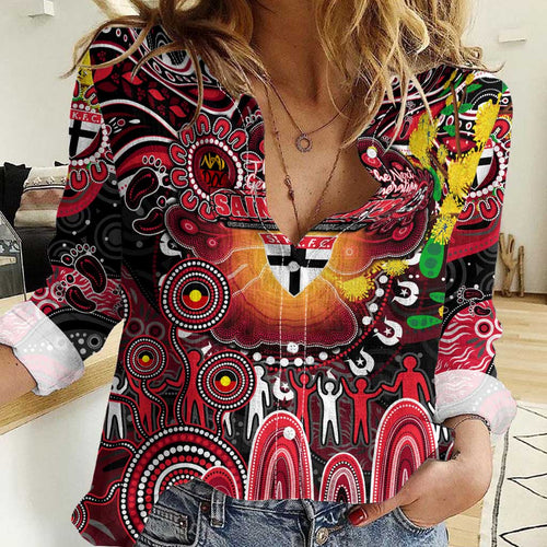 Personalised NAIDOC Week 2025 Saints Football Women Casual Shirt Aboriginal Dot Painting