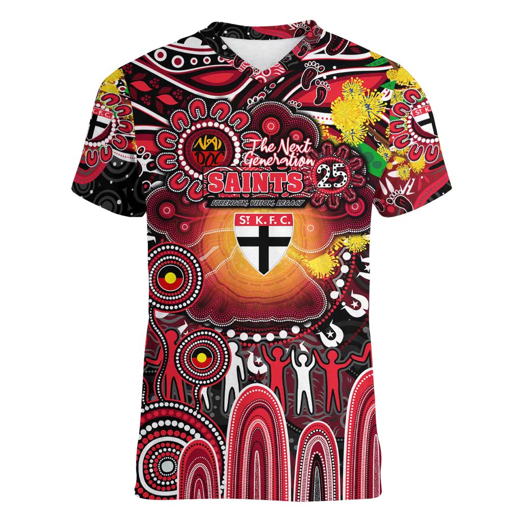 Personalised NAIDOC Week 2025 Saints Football Women V-Neck T-Shirt Aboriginal Dot Painting
