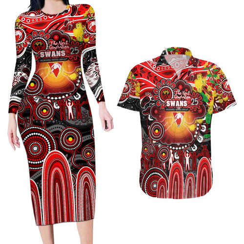 Personalised NAIDOC Week 2025 Swans Football Couples Matching Long Sleeve Bodycon Dress and Hawaiian Shirt Aboriginal Dot Painting