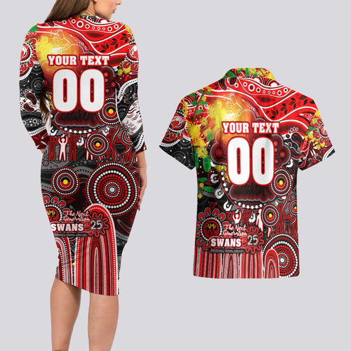 Personalised NAIDOC Week 2025 Swans Football Couples Matching Long Sleeve Bodycon Dress and Hawaiian Shirt Aboriginal Dot Painting