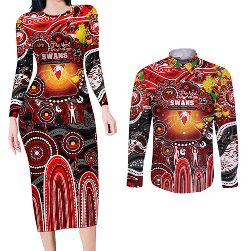 Personalised NAIDOC Week 2025 Swans Football Couples Matching Long Sleeve Bodycon Dress and Long Sleeve Button Shirt Aboriginal Dot Painting