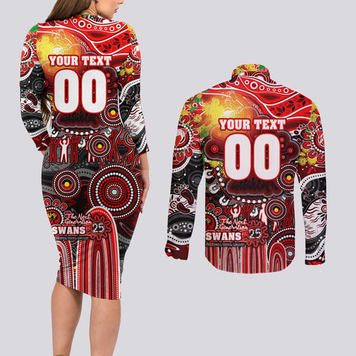 Personalised NAIDOC Week 2025 Swans Football Couples Matching Long Sleeve Bodycon Dress and Long Sleeve Button Shirt Aboriginal Dot Painting