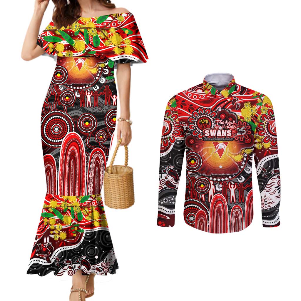 Personalised NAIDOC Week 2025 Swans Football Couples Matching Mermaid Dress and Long Sleeve Button Shirt Aboriginal Dot Painting