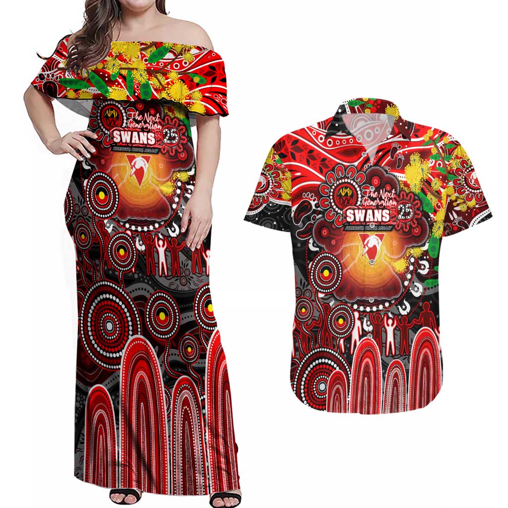 Personalised NAIDOC Week 2025 Swans Football Couples Matching Off Shoulder Maxi Dress and Hawaiian Shirt Aboriginal Dot Painting
