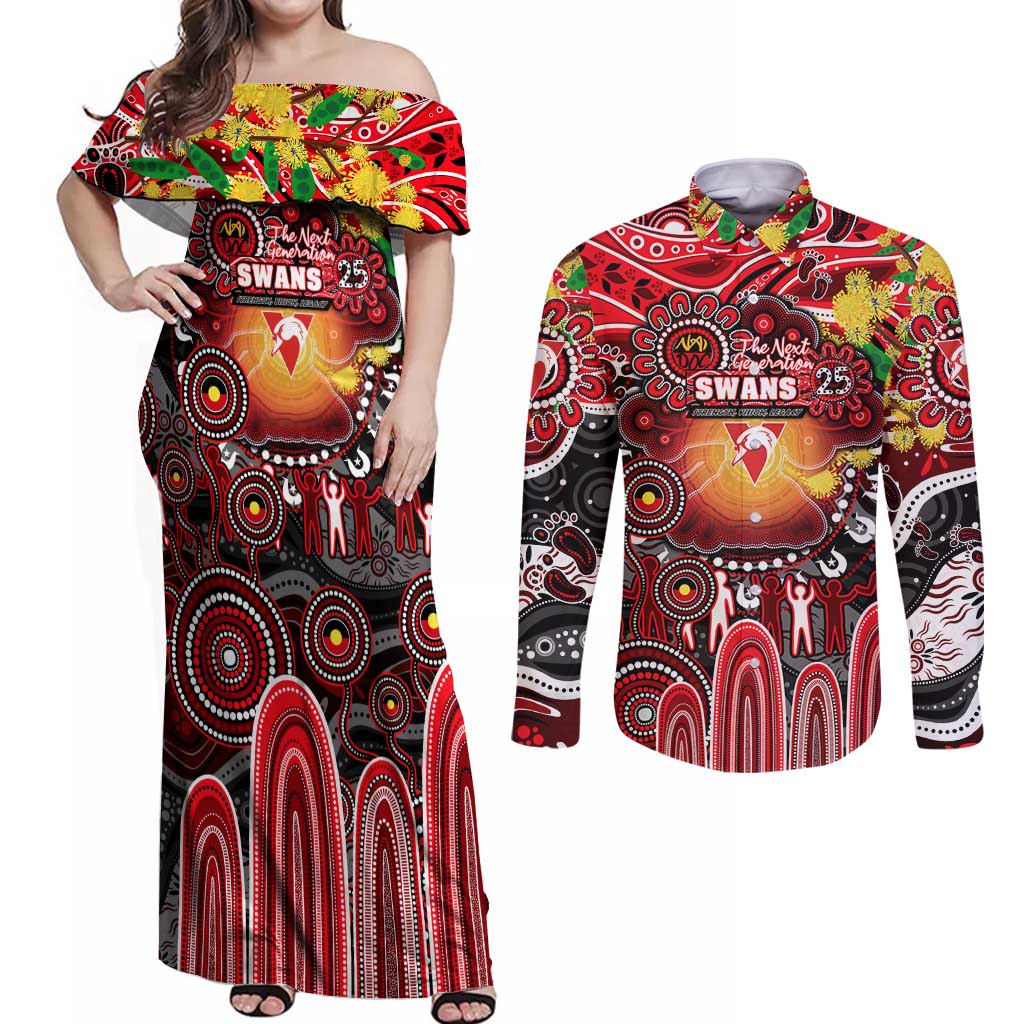 Personalised NAIDOC Week 2025 Swans Football Couples Matching Off Shoulder Maxi Dress and Long Sleeve Button Shirt Aboriginal Dot Painting