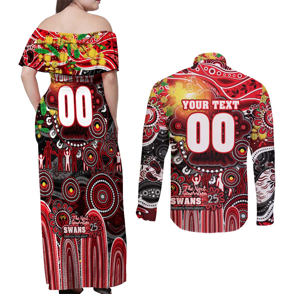 Personalised NAIDOC Week 2025 Swans Football Couples Matching Off Shoulder Maxi Dress and Long Sleeve Button Shirt Aboriginal Dot Painting