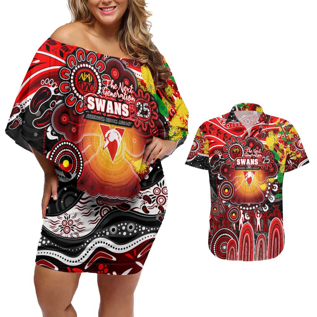 Personalised NAIDOC Week 2025 Swans Football Couples Matching Off Shoulder Short Dress and Hawaiian Shirt Aboriginal Dot Painting