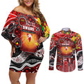 Personalised NAIDOC Week 2025 Swans Football Couples Matching Off Shoulder Short Dress and Long Sleeve Button Shirt Aboriginal Dot Painting
