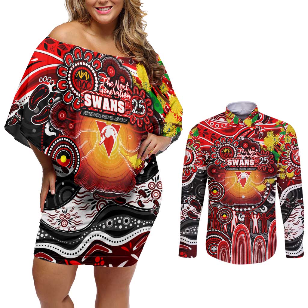 Personalised NAIDOC Week 2025 Swans Football Couples Matching Off Shoulder Short Dress and Long Sleeve Button Shirt Aboriginal Dot Painting