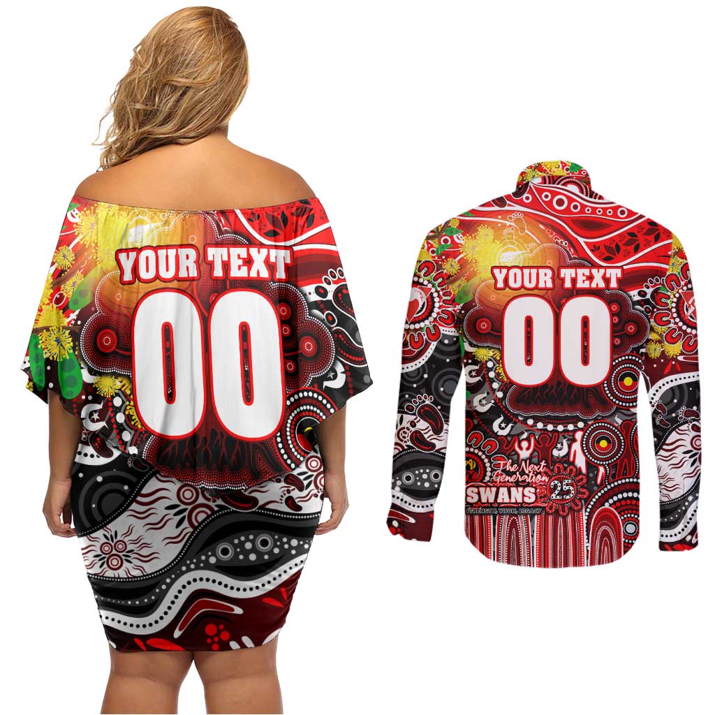Personalised NAIDOC Week 2025 Swans Football Couples Matching Off Shoulder Short Dress and Long Sleeve Button Shirt Aboriginal Dot Painting