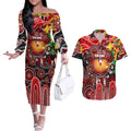 Personalised NAIDOC Week 2025 Swans Football Couples Matching Off The Shoulder Long Sleeve Dress and Hawaiian Shirt Aboriginal Dot Painting