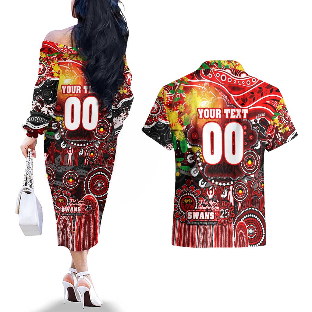 Personalised NAIDOC Week 2025 Swans Football Couples Matching Off The Shoulder Long Sleeve Dress and Hawaiian Shirt Aboriginal Dot Painting