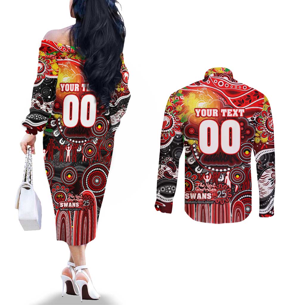 Personalised NAIDOC Week 2025 Swans Football Couples Matching Off The Shoulder Long Sleeve Dress and Long Sleeve Button Shirt Aboriginal Dot Painting