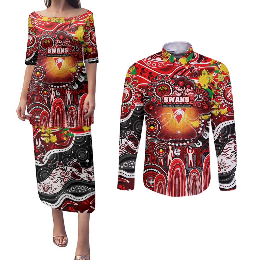 Personalised NAIDOC Week 2025 Swans Football Couples Matching Puletasi and Long Sleeve Button Shirt Aboriginal Dot Painting