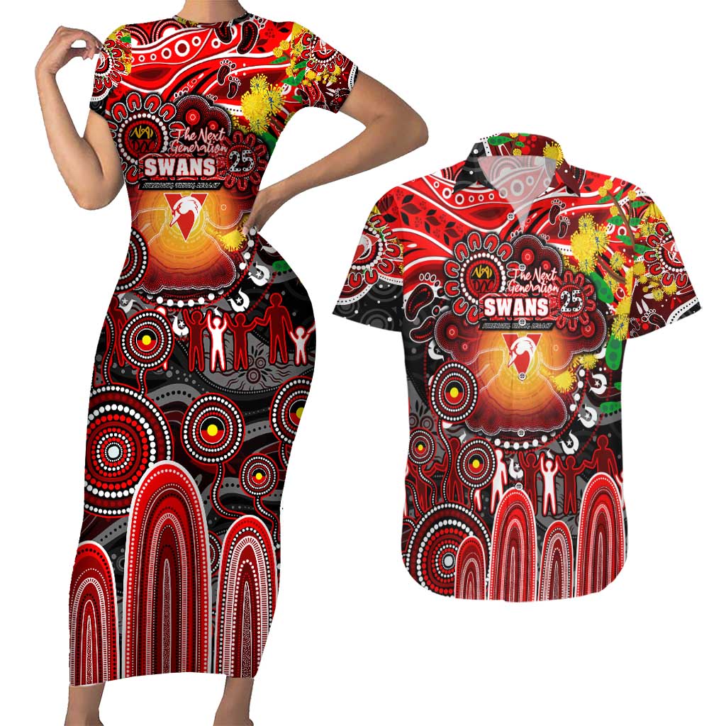 Personalised NAIDOC Week 2025 Swans Football Couples Matching Short Sleeve Bodycon Dress and Hawaiian Shirt Aboriginal Dot Painting