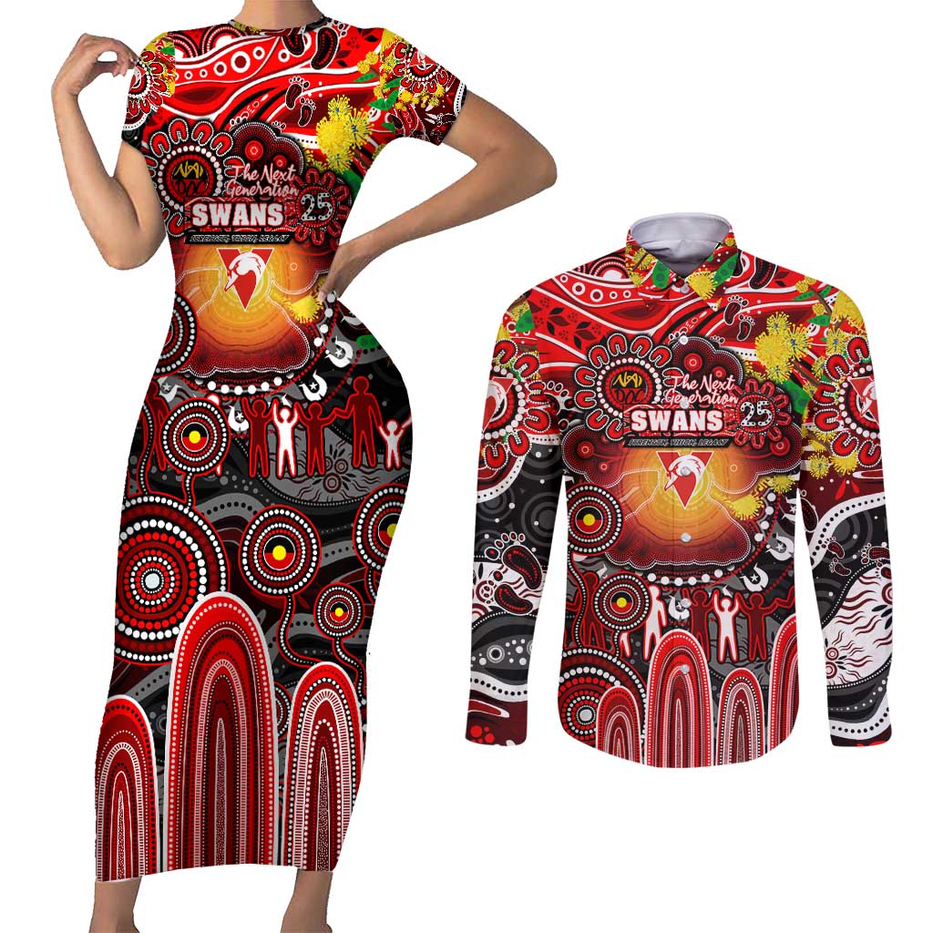 Personalised NAIDOC Week 2025 Swans Football Couples Matching Short Sleeve Bodycon Dress and Long Sleeve Button Shirt Aboriginal Dot Painting