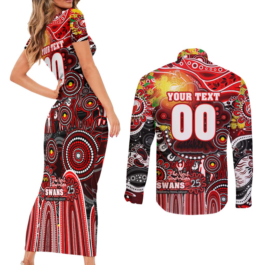 Personalised NAIDOC Week 2025 Swans Football Couples Matching Short Sleeve Bodycon Dress and Long Sleeve Button Shirt Aboriginal Dot Painting