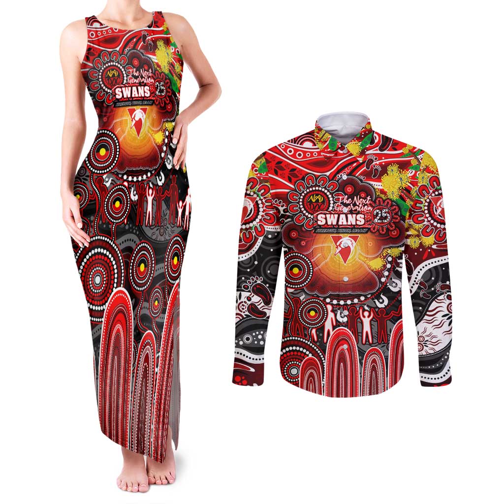 Personalised NAIDOC Week 2025 Swans Football Couples Matching Tank Maxi Dress and Long Sleeve Button Shirt Aboriginal Dot Painting
