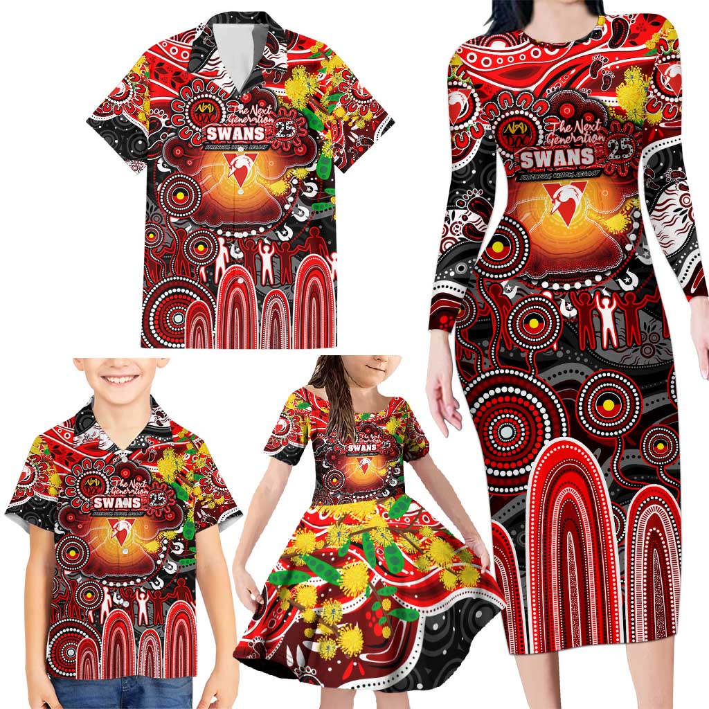 Personalised NAIDOC Week 2025 Swans Football Family Matching Long Sleeve Bodycon Dress and Hawaiian Shirt Aboriginal Dot Painting