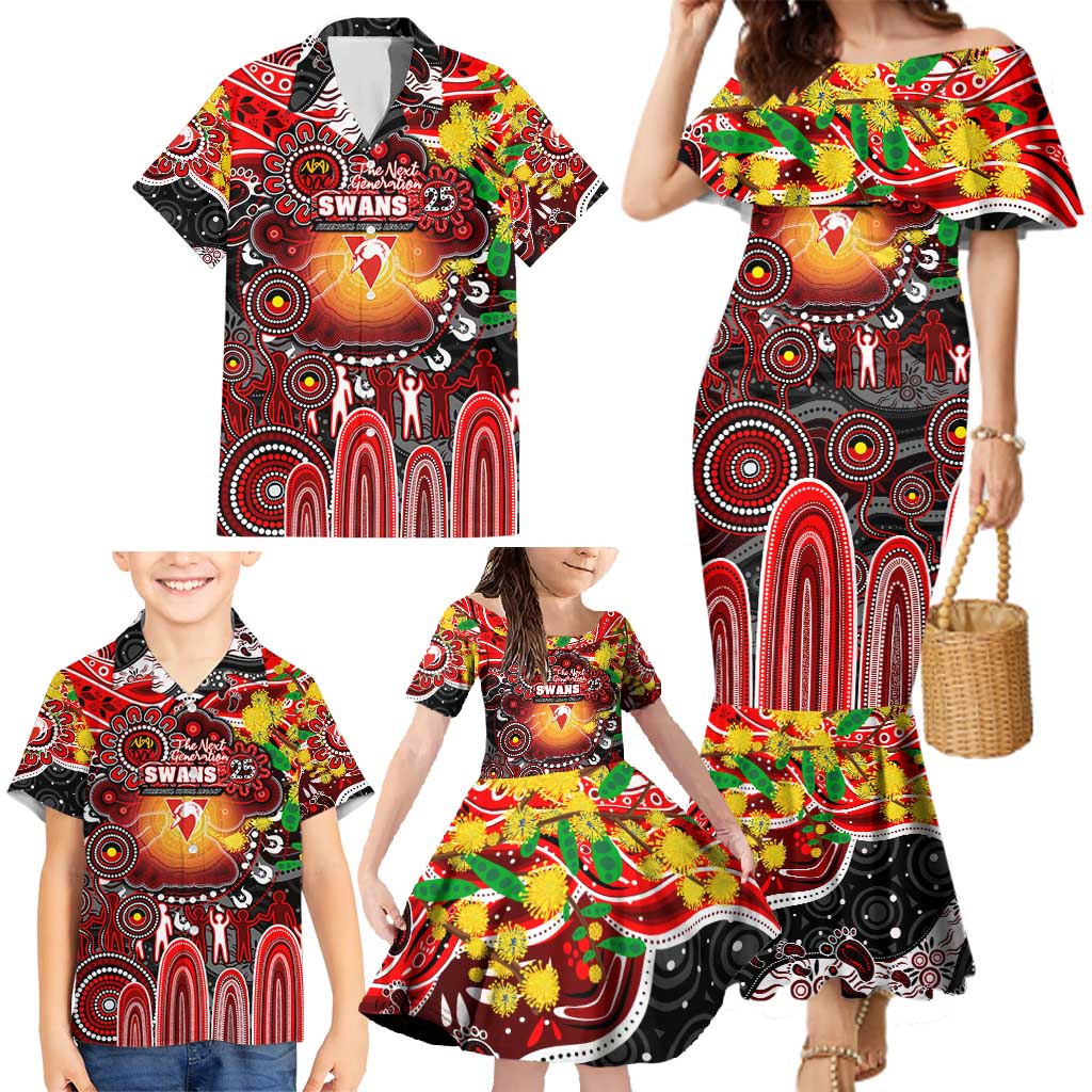 Personalised NAIDOC Week 2025 Swans Football Family Matching Mermaid Dress and Hawaiian Shirt Aboriginal Dot Painting
