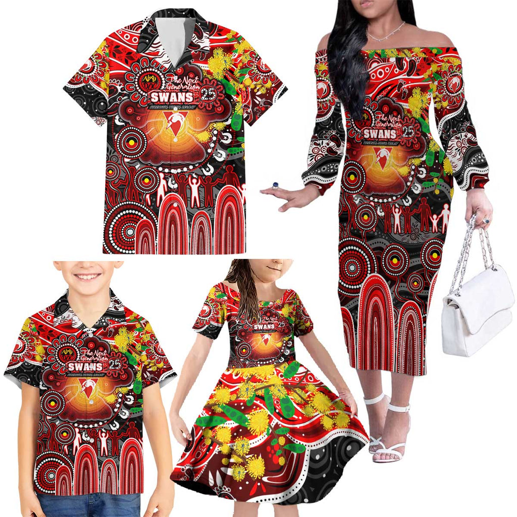 Personalised NAIDOC Week 2025 Swans Football Family Matching Off The Shoulder Long Sleeve Dress and Hawaiian Shirt Aboriginal Dot Painting