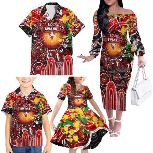 Personalised NAIDOC Week 2025 Swans Football Family Matching Off The Shoulder Long Sleeve Dress and Hawaiian Shirt Aboriginal Dot Painting