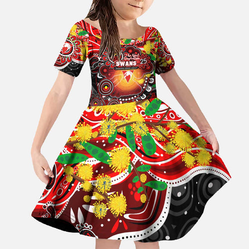 Personalised NAIDOC Week 2025 Swans Football Family Matching Off The Shoulder Long Sleeve Dress and Hawaiian Shirt Aboriginal Dot Painting